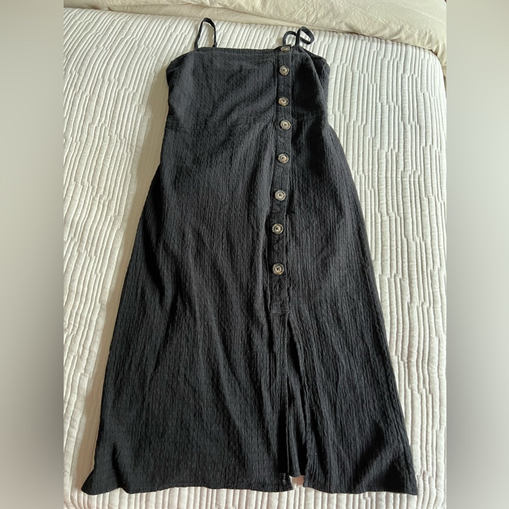 Black Linen Spaghetti Strap Midi Dress